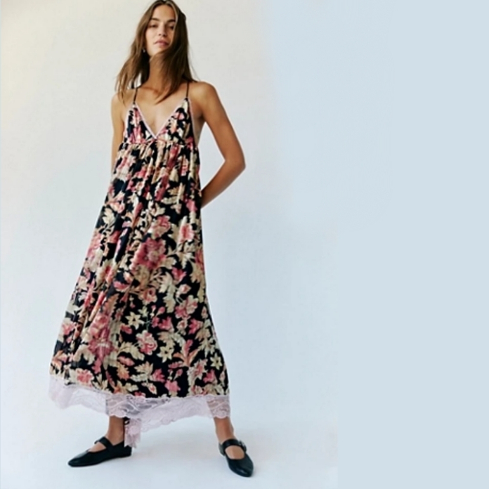 NEW Free People Primmy Printed Midi Dress Black Combo Billowy silhouette Size XL